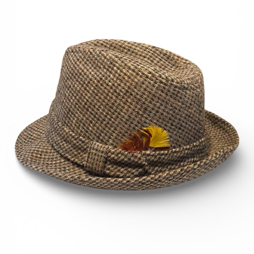 Dobbs Fifth Avenue Vintage Wool Brown Tweed Fedora Hat with a feather